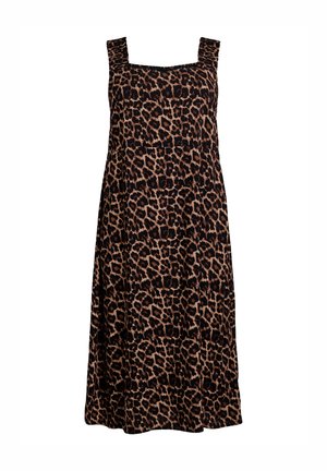 Robe à imprimé léopard avec un décolleté carré, des bretelles froncées et une coupe ample et fluide. Fabriquée dans un tissu doux avec une surface texturée.
