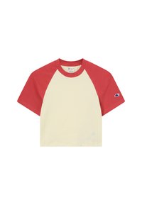 Red and cream short-sleeve t-shirt with a crew neck, featuring raglan sleeves and a small logo on the left sleeve. Smooth texture.