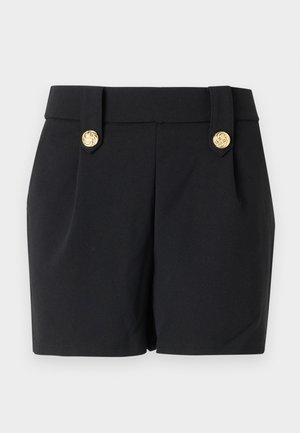Black shorts with a tailored design, featuring gold-tone decorative buttons and a smooth texture. No pockets or visible seams.