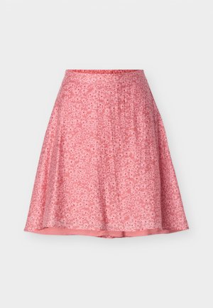 Fustă roz până la genunchi, croială în formă de A, cu model floral mic și talie elastică, pe un fundal simplu și deschis.