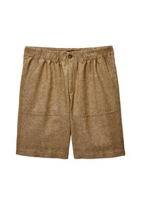 Shorts marron texturés avec une taille élastique, une fermeture à un bouton et deux poches avant. Design décontracté, longueur mi-cuisse.