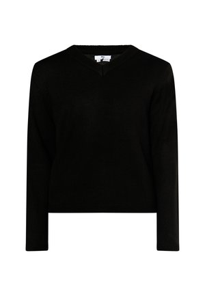 Czarny sweter v-neck wykonany z miękkiej dzianiny. Posiada długie rękawy i żebrowany dół. Prosty design bez wzorów lub akcentów.