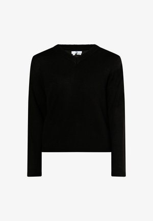 Czarny sweter v-neck wykonany z miękkiej dzianiny. Posiada długie rękawy i żebrowany dół. Prosty design bez wzorów lub akcentów.