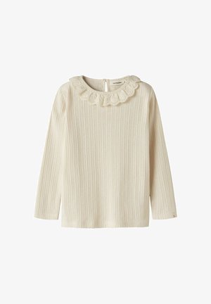 Cremefarbener, gerippter Langarmshirt mit rundem Halsauschnitt, verziert mit einem gerafften Spitzenkragen und Knopfverschluss hinten.