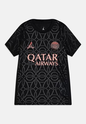 Zwarte trui met een levendig patroon van onderling verbonden cirkels. Het bevat een roze logo van Qatar Airways en een embleem van Jordanië.