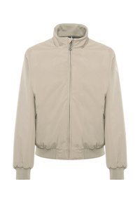 Giacca bomber beige con colletto alto, zip frontale, polsi e orlo elastici. Caratterizzata da una texture liscia e un design minimalista.