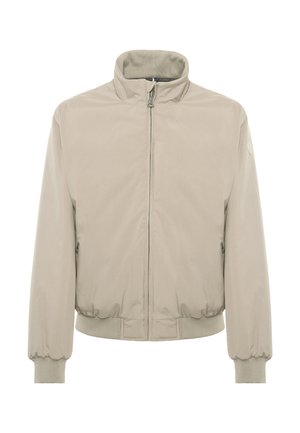 Giacca bomber beige con colletto alto, zip frontale, polsi e orlo elastici. Caratterizzata da una texture liscia e un design minimalista.