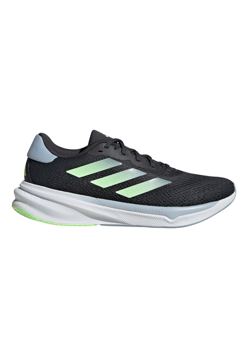 Black athletic shoes with a mesh upper, featuring three light green stripes, a grey heel accent, and a white textured sole.