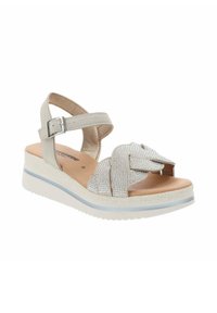Sandali open-toe con una base grigia chiara, caratterizzati da una parte superiore silver texturizzata decorata con strass e una cintura ankle regolabile.