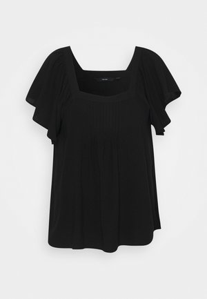 Blusa negra con escote cuadrado, mangas cortas con vuelo y detalles plisados en el frente. Fabricada en un tejido ligero y suave.