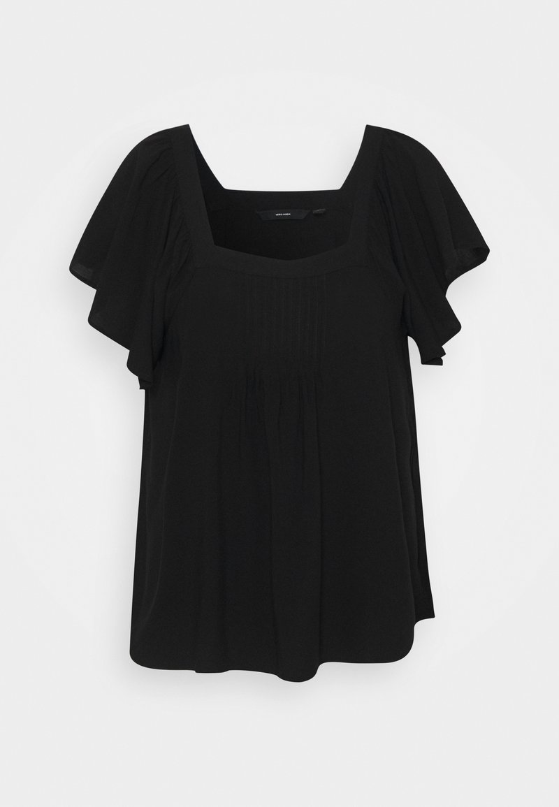 Blusa nera con scollatura quadrata, maniche a farfalla corte e dettagli plissettati lungo la parte frontale. Realizzata in un tessuto leggero e morbido.