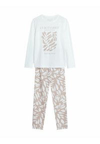 Biała piżama z długim rękawem z grafiką "LA BOTANIQUE". Beżowe spodnie z białym wzorem liści. Miękka bawełniana tkanina. Luźny fason.