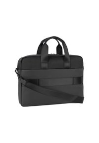 Bolsa de portátil rectangular negra con dos asas, correa de hombro desmontable y correas horizontales para sujeción en equipaje, mostrada sobre fondo blanco.