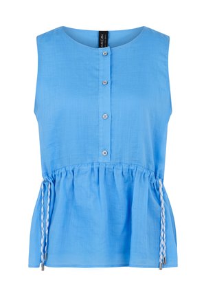 Bezrekawnikowa, jasnoniebieska bluzka z okrągłym dekoltem, z przodu zapinana na guziki, z marszczoną talią i regulowanymi, plecionymi troczkami po bokach.