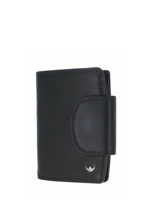 Portefeuille en cuir noir avec fermeture pression et petit logo argenté ailé en bas à droite sur fond blanc.