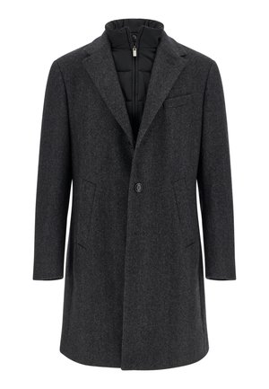 Grauer Mantel aus Wollmischung mit einem maßgeschneiderten Design, ausgestattet mit einem verdeckten Reißverschluss und seitlichen Taschen. Leichte Innenlage für zusätzliche Wärme.