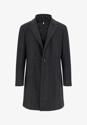 Šedý kabát ze směsi vlny s přizpůsobeným střihem, vybavený skrytým zipem a bočními kapsami. Lehká vnitřní vrstva pro zvýšení tepla.