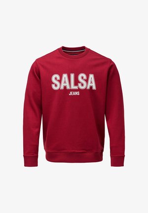 Rode sweatshirt met een ronde hals, lange mouwen en ribgebreide boorden. Bevat grote witte tekst met de woorden "SALSA JEANS" op de voorkant.