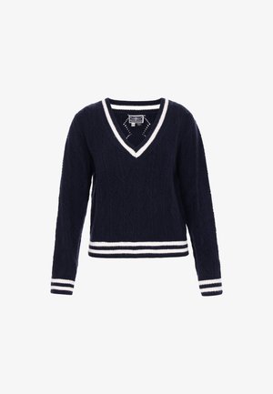 Sötétkék, V nyakú kötött pulóver, fehér csíkkal díszített bordás mandzsettákkal és szegéllyel, valamint díszes kötött mintával az egész felületen.