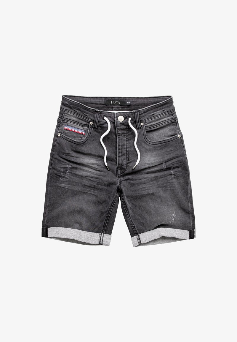 Schwarze Denim-Shorts mit weißem Kordelzug, leichter Waschung, umgeschlagenem Saum und kleinen Taschen mit roten und blauen Streifen.