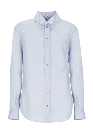 Camicia azzurro chiaro a maniche lunghe con bottoni e colletto appuntito, con una sottile ricamo "ET" sul lato sinistro vicino alla vita.