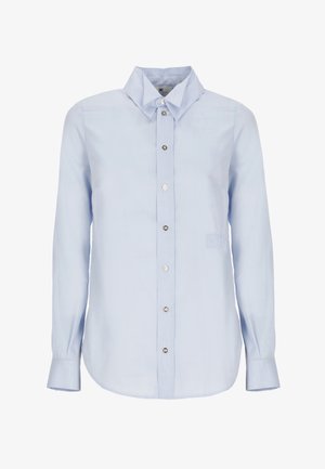 Camicia azzurro chiaro a maniche lunghe con bottoni e colletto appuntito, con una sottile ricamo "ET" sul lato sinistro vicino alla vita.