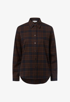 Bruin en zwart geruit shirt met lange mouwen, een knopenlijst aan de voorkant en een klassieke kraag. Zachte stof met een gebogen zoom.