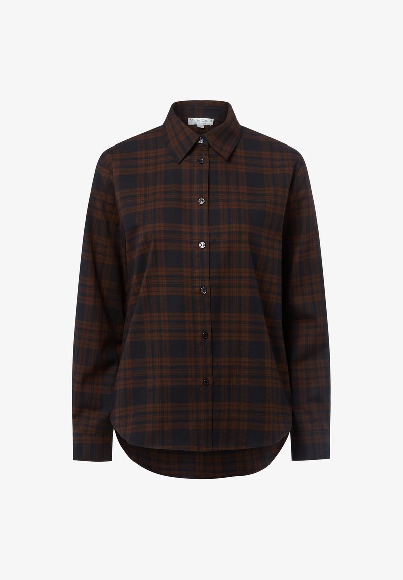 Bruin en zwart geruit shirt met lange mouwen, een knopenlijst aan de voorkant en een klassieke kraag. Zachte stof met een gebogen zoom.