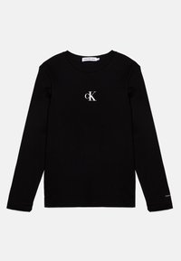 Zwarte blouse met lange mouwen van katoen, voorzien van een ronde hals, een wit "cK" logo op de borst en subtiele branding op de mouw.
