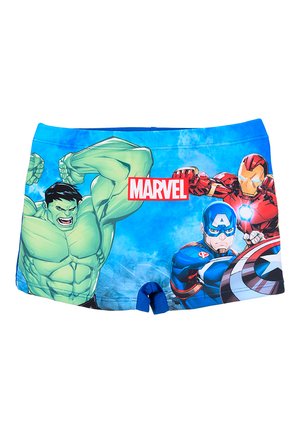 Bright blue swim shorts featuring Marvel superheroes Hulk, Captain America with shield, and Iron Man in action poses.