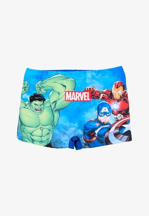 Short de bain bleu vif avec les super-héros Marvel Hulk, Captain America avec bouclier, et Iron Man en poses d'action.