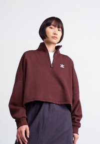 Sudadera corta marrón con un cuello alto y una cremallera de un cuarto. Acento del logo blanco en el pecho. Material suave con un ajuste relajado.