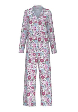 Set di pigiama floreale composto da una camicia a maniche lunghe con bottoni e pantaloni coordinati, realizzato in tessuto leggero nelle tonalità di rosa, blu e bianco.