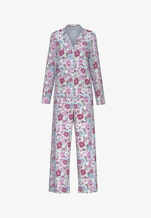 Blumiges Schlafanzug-Set mit langärmeliger Knopfleiste und passender Hose, aus leichtem Stoff in rosa, blau und weißen Tönen.