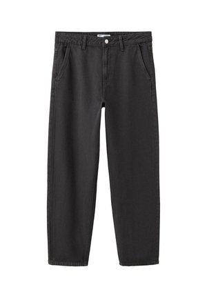Schwarze Hose mit geradem Bein, Gürtelschlaufen, vorderen Taschen, Knopfverschluss und Reißverschluss, auf weißem Hintergrund dargestellt.