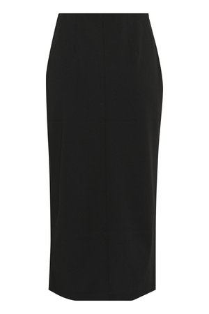 Black pencil skirt in a smooth, textured fabric. Features a fitted design with a knee-length hem and subtle front pleats.