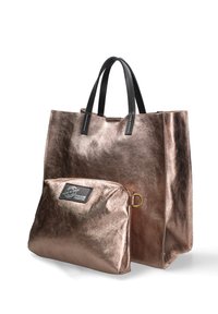 Borsa tote in oro rosa metallico con manici neri, dotata di una pochette con zip removibile. Texture liscia con finitura lucida.
