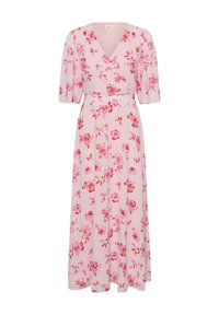 Svetloružové midi šaty s červeným kvetinovým vzorom, výstrihom do V, riaseným pásom a rukávmi do polovice ramena s balónikovým efektom.
