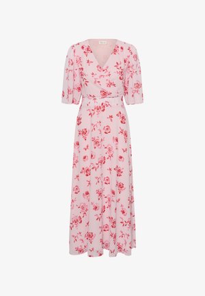 Vestito midi rosa chiaro con stampa floreale rossa, scollo a V, vita arricciata e maniche a sbuffo lunghe fino al gomito.