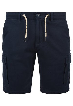 Dunkelblaue Cargo-Shorts aus Baumwolle mit Knopfverschluss und Kordelzug. Verfügt über zwei seitliche Taschen mit Klappe und Knopfverschluss.