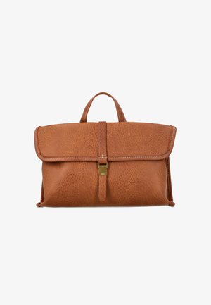 Brown textured leather satchel bag with top handle and front strap secured by a small gold buckle clasp against a white background.