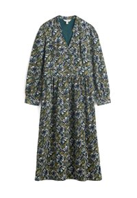 Långärmad klänning med djup V-hals, grön och blå blommönster på mörk bakgrund, med rynkad midja och flödande kjol.