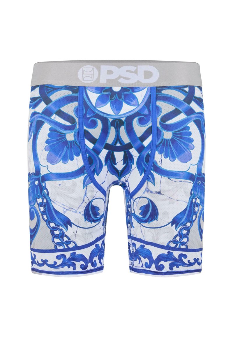 Muški bokserici s plavim i bijelim složenim cvjetnim i lancanim uzorkom. Izrađeni od mekog materijala s sivom elastikom koja prikazuje "PSD" logo.
