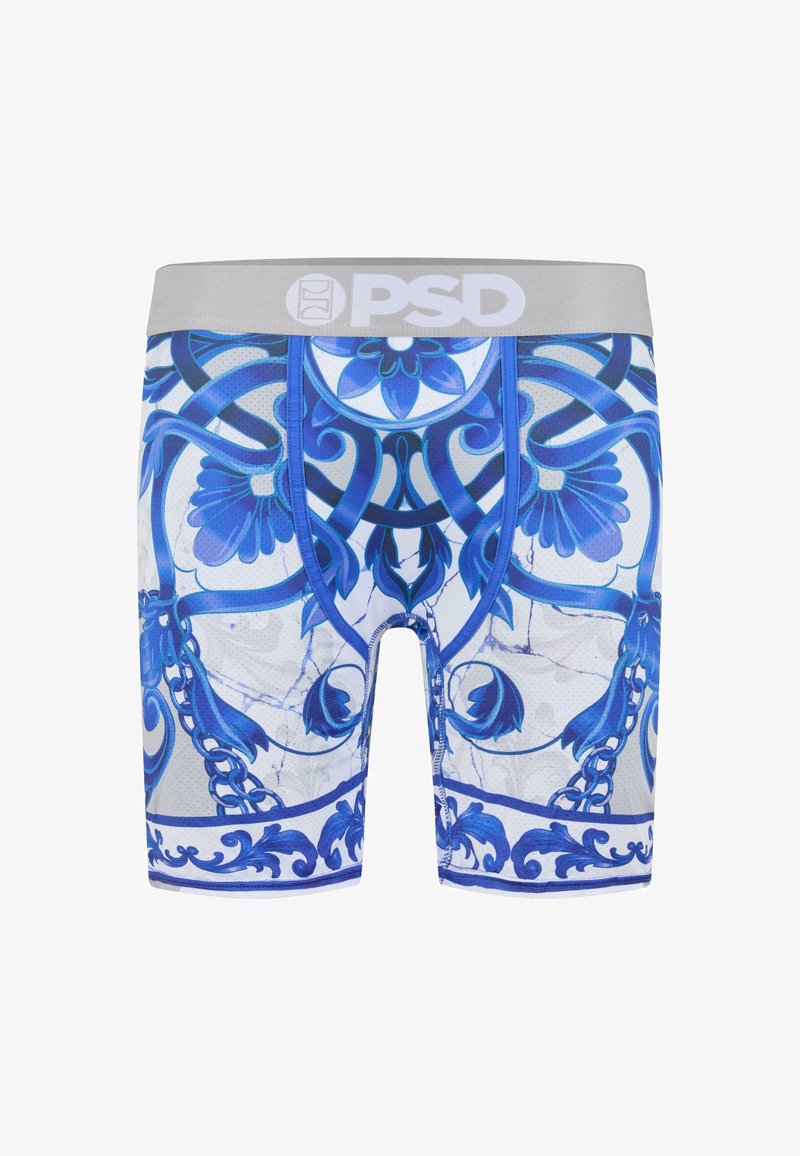 Boxeri pentru bărbați cu un model complex floral și cu lanț în nuanțe de albastru și alb. Fabricati dintr-un material moale, cu un elastic gri pe care este inscripționat logo-ul "PSD".