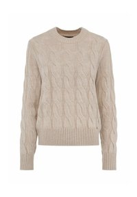 Beżowy sweter z dzianiny o splocie warkoczowym, z okrągłym dekoltem, ściągaczami przy mankietach i dole, z teksturowanym wzorem na całej powierzchni.