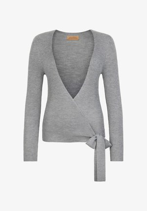 Lysegrå ribstrikket slå-om-sweater med lange ærmer og sløjfebinding i siden ved taljen.