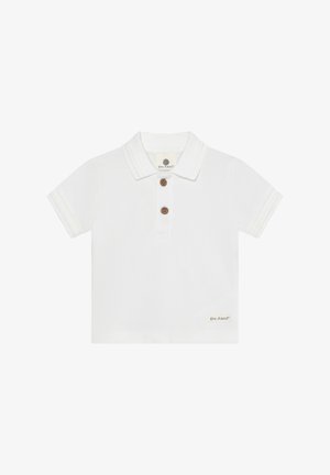Hvid kortærmet polo med klassisk krave, tre brune knapper og en lille logomærkat nederst til venstre. Blødt bomulds materiale.