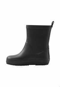Schwarze Gummiregenstiefel mit strukturiierter Sohle, kurzer Höhe und verstärktem Rand. Verfügt über eine Zuglasche an der Rückseite für ein einfaches Anziehen.
