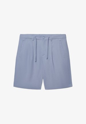 Pantaloncini casual azzurri chiari con bottone frontale, coulisse, passanti per cintura e due tasche laterali, mostrati su sfondo bianco.