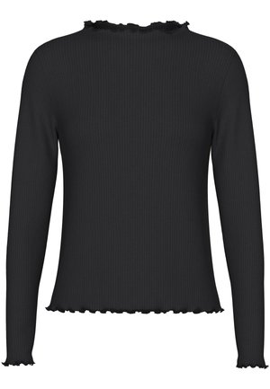 Zwart geribbeld langemouwen shirt met een gerimpelde halslijn en zoom, met een getailleerde pasvorm en textuurstof. Geen zichtbare logo's of patronen.